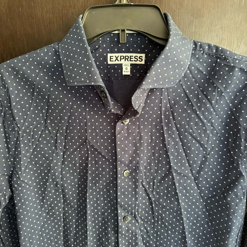 Men’s Express Extra Slim Dots Dress Shirt, Navy Blue - Picture 3 of 11